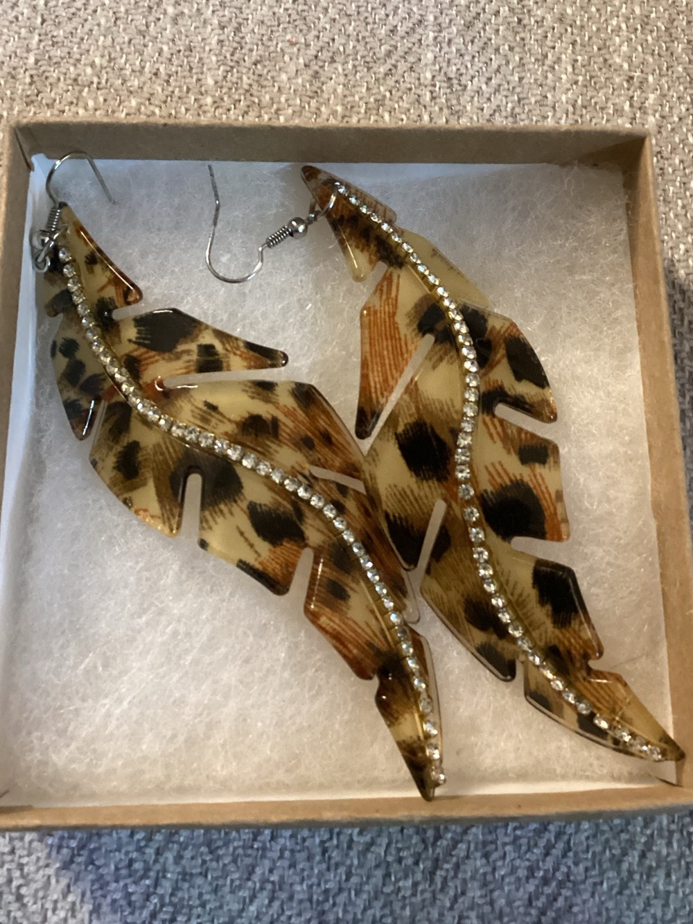 Leopard Print Feather Shaped Lucite Dangle Earrings with Rhinestones
